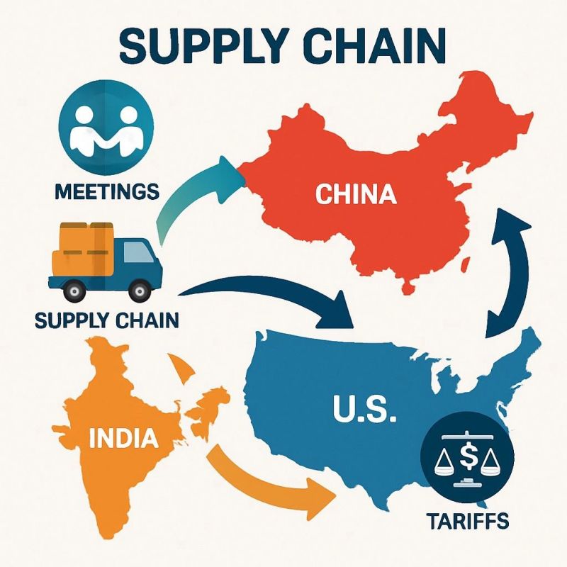 Map showing global supply-chain shift from China to alternative manufacturing hubs including India