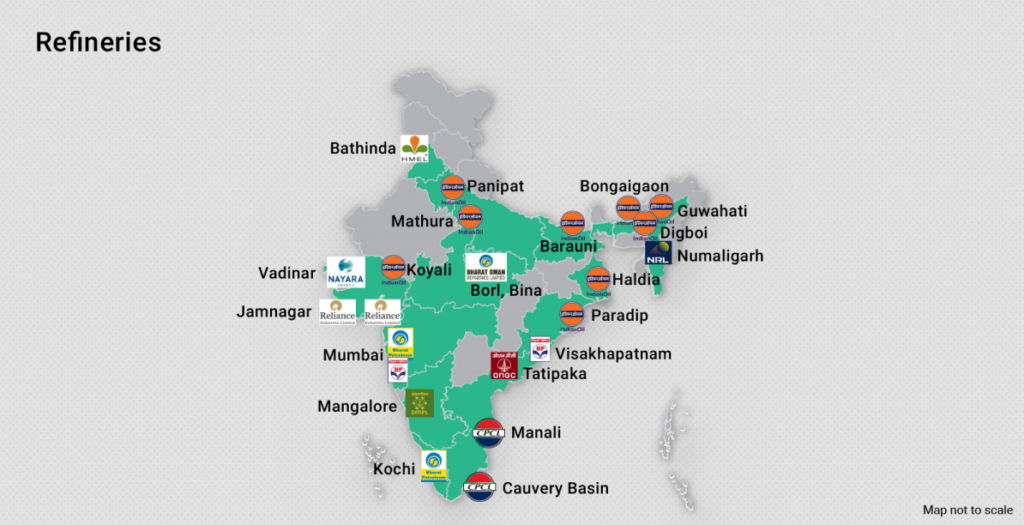 Map showing major countries from which India Imports Oil From 40 Countries and key Indian refinery locations